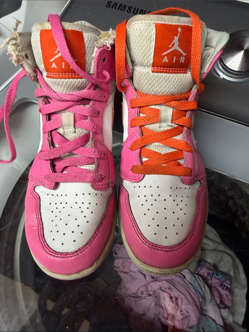 Jordan Kids High-Top Sneakers in Pink and Orange